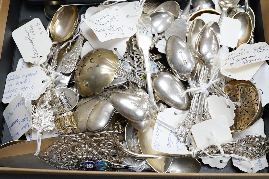 A large collection of assorted mainly 20th century silver and white metal commemorative and club spoons, some enamelled, including a set of six ' Society Miniature Rifle Clubs' teaspoons, by Walter Trickett, Sheffield, 1